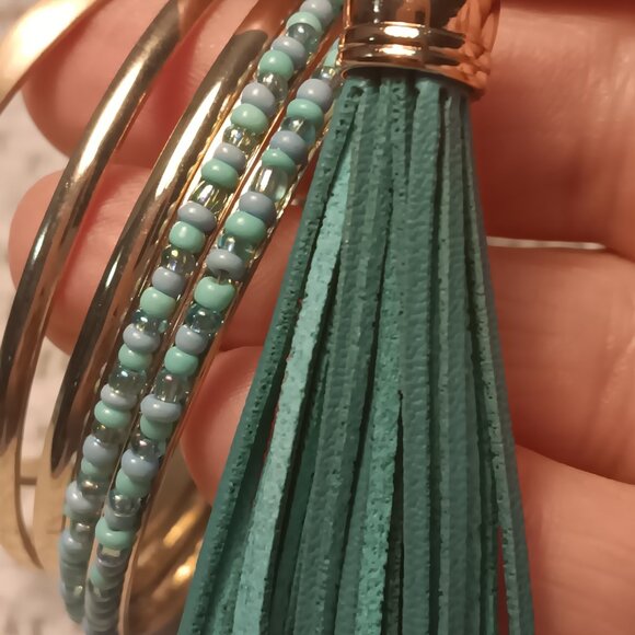 Pomina teal green tassel necklace set with teal blue gold tone bracelet stack - Picture 8 of 14